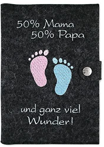 Goldi-Design mutterpass schutzhülle 50% Mama 50% Papa mit extra Fächern und Verschluss aus 100% Wollfilz - anthrazit meliert