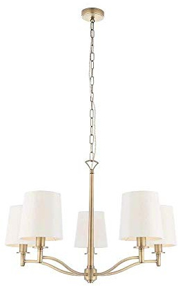 Endon 70245 Ortona Five Light Ceiling Pendant Light In Matt Antique Brass And White Faux Silk Shades