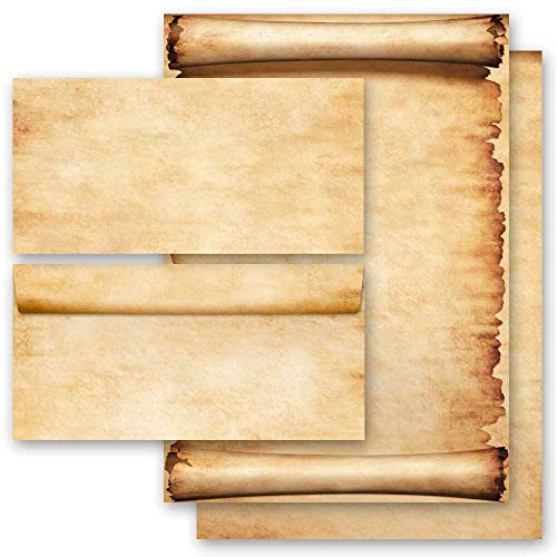 Briefpapier Set, 20 tlg. Antik & History, PERGAMENT 10 Blatt Briefpapier + 10 passende Briefumschläge DIN LANG ohne Fenster | Paper-Media