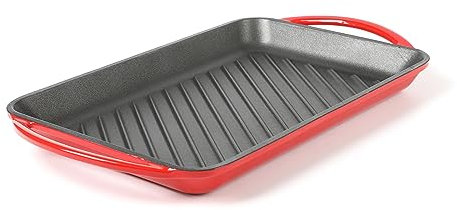 HAWOK Rechteckige Grillpfanne aus emailliertem Gusseisen mit Doppelschlaufengriffen, rechteckige Grillplatte, Dutch Oven Backform mit Griffen, Feuerrot