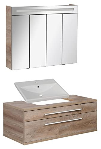 FACKELMANN braunes Badmöbel Set Stanford 3-TLG. mit Waschtisch Unterschrank hängend & Keramikbecken 110 cm & LED Spiegelschrank