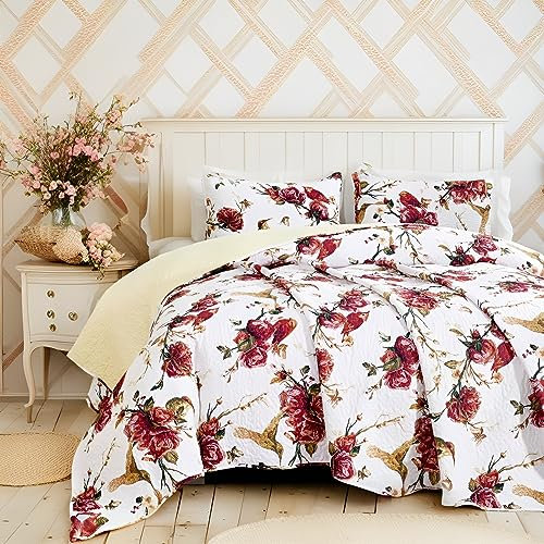 Tache Red Floral Vintage White Quilt - Rose Garden Golden Hummingbirds Burgundy Ivory Antique Farmhouse Spring Country Rustic Pastel Yellow Reversible Quilted Bedspread Set, King