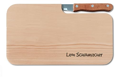 LOOXIS Personalisiertes Frühstücksbrettchen mit Messer, Wunsch-Name oder Text graviert – Geschenk-Idee Geburtstag, Vatertag, Muttertag, Frauen und Männer – Erlen-Holz, Vesperbrett, 26x15cm