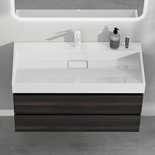 Mai & Mai Meuble sous Lavabo Gris Foncé Meubles de Salle de Bain 70x46x56cm Meuble Suspendu avec 2 Tiroirs + Lavabo + Bonde