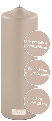 FINK Kerze für Windlichte Laterne - taupe grau - festliche Sylvester Tischdeko - duftneutral rußarm - H 25 D 8 cm