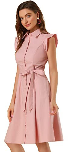 Allegra K Damen Baumwollknopf Kleider Arbeit Rüschen Ärmelloses Hemdkleid mit Gürtel Freizeit Rosa XS
