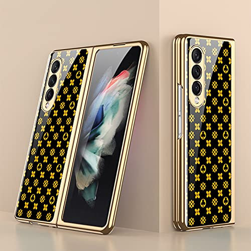 COQUE Custodia Galaxy Z Fold 3 5G, Custodia per cellulare verniciata lucida in vetro temperato 9H, Cover pieghevole per Samsung Galaxy Z Fold 3 5G-Giallo a scacchi