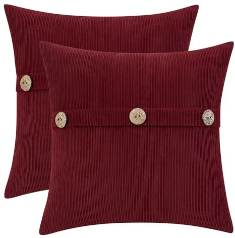 HWY 50 Kissenbezug Chenille mit Knöpfen Dunkelrot 50x50 cm 2er Set | Weiche Kissenhülle mit Streifenmuster, dekorativer Zierkissenbezug im Landhausstil für Sofa Bett Wohnzimmer und Schlafzimmer