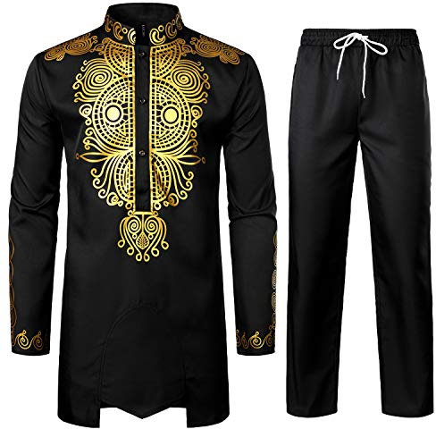 LucMatton Afrikanisches 2-teiliges Herren-Set, langärmelig, Golddruck, Dashiki und Hose, traditioneller Anzug, schwarz / goldfarben, L