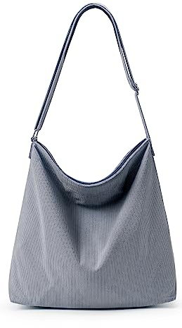 KALIDI Cord Tasche Umhängetasche mit Reißverschluss Wasserdicht Shopper Damen Große Cord Umhängetasche Tote Bag Crossbody Schultertasche Handtasche für Arbeit Büro Reise Einkauf, Grau