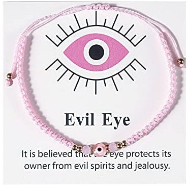 COLORFUL BLING Evil Eye Beaded Knots Bracelet Handmade Amulet Turkish Eye String Rope Adjustable Bracelets for Women Men Family Protection Good Luck Bracelet Braided Charms(Pink)