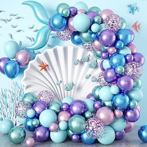Meerjungfrau Ballon Girlande Kit, Meerjungfrau Geburtstag Deko, Lila Blau Grün Meerjungfrau Luftballons Girlande Set mit Konfetti Ballons Meerjungfrau Schwanz Folienballons für Mädchen Geburtstag