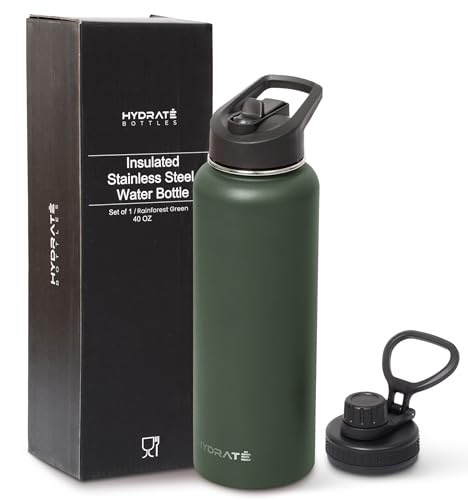 HYDRATE Trinkflasche Edelstahl 1.2L - Edelstahl - Doppelwandige Isolierung - 2 Deckel - Trink- und Strohhalmdeckel - Wasserflasche - Trinkflasche mit Strohhalm - Set of 1 Regenwaldgrün