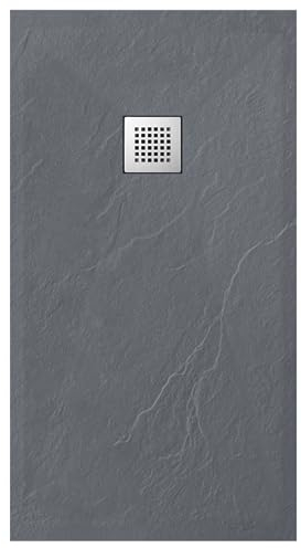 BALNEO Receveur de Douche avec Couvercle en Acier Inoxydable, Receveur de Douche, Composite en Résine Synthétique, avec Seuil Bas, Découpable Sur Mesure, Bac en Pierre F Gris Foncé 90x110x2,5cm