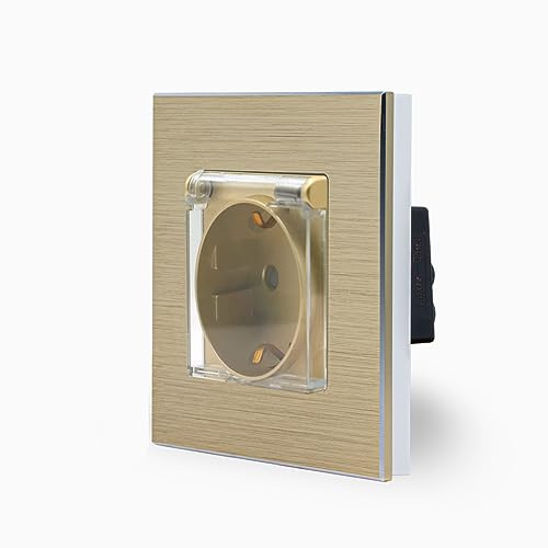 Luxus-Time Steckdose Schuko mit Abdeckung im einfachen Design Aluminiumrahmen für die DE Unterputzdose Einbau Stecker mit Deckel Spritzwassergeschütz IP44 in Gold LXBA1-LX-71Cover-13