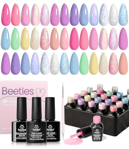 Beetles UV Gel Nagellack - Traumland Einhorn 20 Farben mit 3 Glänzenden Matten Überlack & Unterlack und Nagelbürste für Mädchenhafte Farben Funkelnde Glitzer Gellack