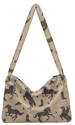 Brown Horse Cowboys Schultertasche für Damen, pelzige Umhängetasche, Hobo-Handtasche, Geldbörsen für Arbeit, Einkaufen, Reisen, Braunes Pferd Cowboys, Einheitsgröße