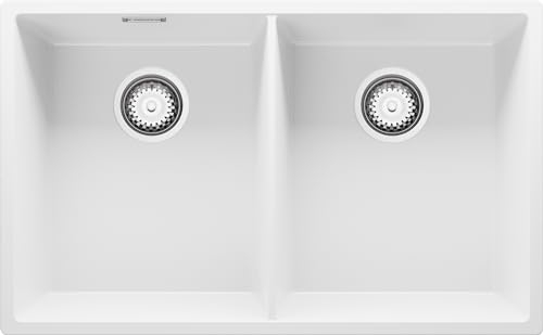 Fregadero bajo Encimera Blanco 76x47cm, Fregadero Cocina 2 Senos + Sifón, Granito al mueble 80cm - London Twin de Primagran