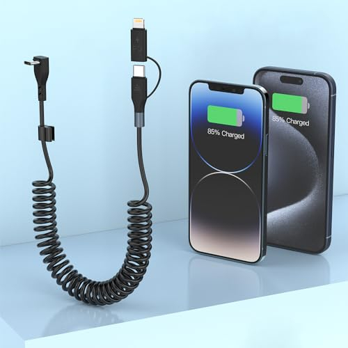 USB C Spiral Kabel, [1,8M] 60W USB C Lade und 2-in-1 Datenkabel mit rechtwinkligem CarPlay, Kompatibel mit Android Auto, Tesla Model Y/3/X/S, iPhone 16/15/14/13 Pro Plus Max, Galaxy, Google, Tablets