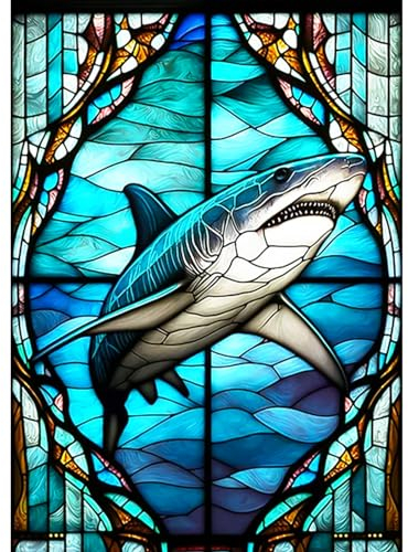 AIRDEA 5D Shark Stained Glass Diamond Paint Kits, Full Drill Crystal Rhinestone Diamond Embroidery Art Pictures, DIY Arts Craft Supply for Adults Beginners Home Wall Decor 12x16inch