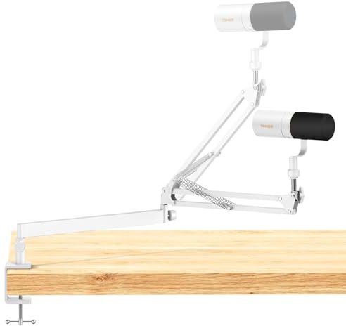 TONOR Micrófono Boom Arm, Brazo Mic de Bajo Perfil, Soporte Microfono Mesa para Podcast/Streaming/Estudio Grabación, Totalmente Ajustable 360 ° Giratorio 90 ° Plegable, Studio Accesorios, Blanco T20LP