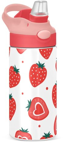 Mnsruu Strawberry Cute Kids Water Bottle with Straw Insulated Stainless Steel Drink Bottle for Girls School 350ml Leakproof Vacuum Hot Cold Water Flask