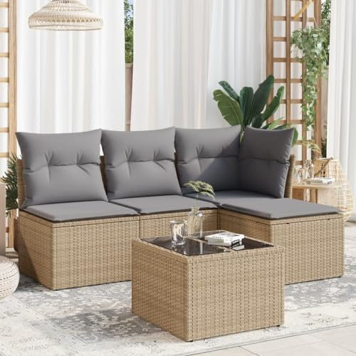 QJBSAVVA 5-TLG. Garten-Sofagarnitur, Eckbankgruppe Loungemöbel Terrasse Gartenstuhl Balkon Sofa Geeignet für Balkon Wenig Platz Außen Garten mit Kissen Beige Poly Rattan