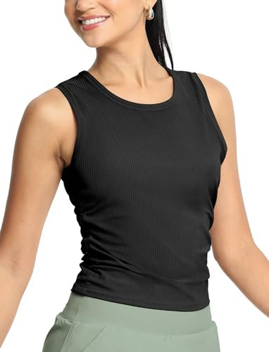 icyzone Damen Sport Tank Top Gerippt Gym Fitness Shirt Ärmellos Sommer Yoga Top (Black, M)