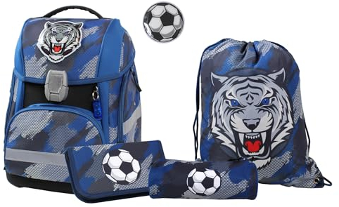 FaBAG 78023-072 - 5-teiliges Schulranzen-Set Soccer/Tiger mit Turnbeutel, Federmappe, Schlamperrolle und individuellen Patches, leicht und ergonomisch, ca. 22 l Volumen