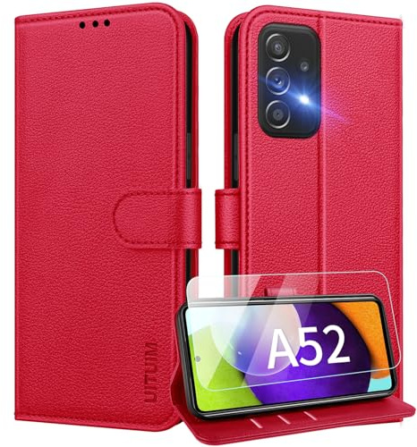 UITUIM Handyhülle für Samsung Galaxy A52 5G /A52s 5G /A52 4G,Rot | Hülle Klapphülle mit Glas Schutzfolie Flip Case Cover Leder Klappbar Magnet Kartenfach Geldbörse Schutzhülle Etui Handytasche