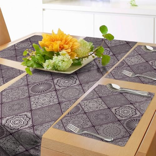 ABAKUHAUS Mandala Tischläufer & 4 Stück Tischsets, Altmodisch Ethnisch Design Quadratisch Rahmen Weinlese Hennastrauch Kunst Motiv, Tischdeko-Set, 180 x 40 cm, Auberginen-Weiß