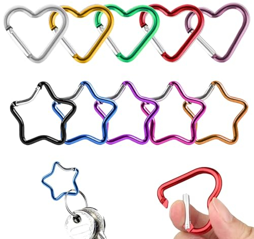 10 Stück Stern Karabiner, Robust Aluminium Herz Karabiner, Bunt Outdoor Schlüsselanhänger für Wandern, Sport, Camping