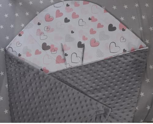 BotoBaby ★ Zweilagige Babydecke mit Namen und Datum Bestickt ★ Minky ★ Baumwolle ★ Füllung ★ (Grau - Herzen, 90 x 90 cm - Babyschale)
