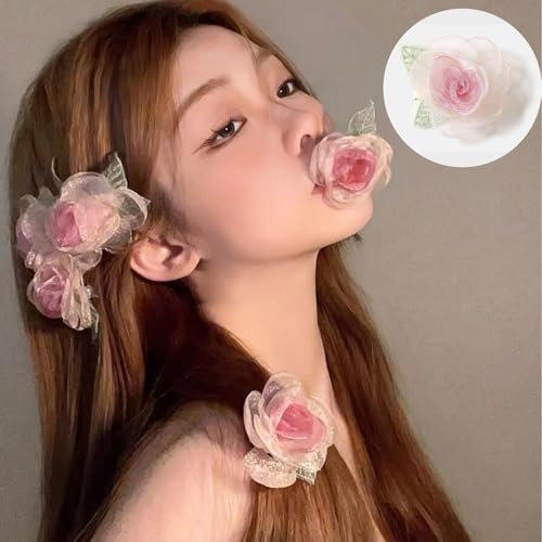 Rose Hair Clips, Pink Flower Barrettes Hair Accessories for Women Girls, Suitable for women with medium to thin hair Hawaiian hair accessories, Also suitable for women's weddings, dances, and special