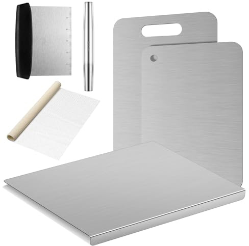 Patelai 6 Pcs Stainless Steel Cutting Board Set Steel Chopping Boards for Kitchen, Double Sided Board with Lip, Rolling Pin and Anti Slip Mesh for Countertop Meat Fruits Vegetables Bread Noodle Pizza