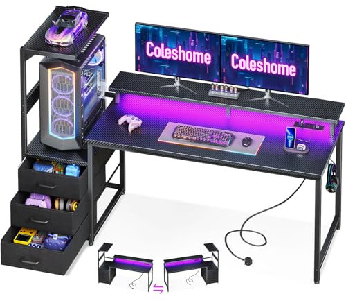 Coleshome Gaming Desk with LED Lights & Power Outlet, Reversible Computer Desk with Drawers, Gaming Table with Storage & Monitor Stand, Carbon Fiber Black 151 cm