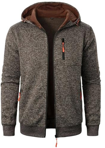 Herren Langarm Kapuzenjacke Reißverschluss Übergangsjacke Softshelljacke Strickjacke Lässige Herbst Winterjacke Herren Sweatjacke mit Taschen Freizeitjacke Modischer Hoodie Sportjacke (Coffee,M)