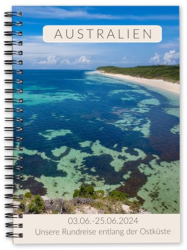 Personalisiertes Reisetagebuch Australien zum Selberschreiben | abwechslungsreicher Reiseplaner Tagebuch für 3 Wochen | Individuelles Geschenk | Bonusheft Bucket List | Cover Bucht | Calmondo
