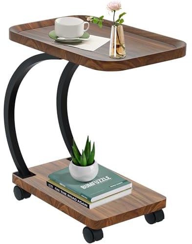 MOHQZA Table D’Appoint, Bout de Canape avec roulettes, Forme C à 2 éTages Bout de canape, Bouts de Canapé de Salon, Montage Facile, Style Industriel, pour Chambre Salon Bureau 52 X 34 X 60 Cm