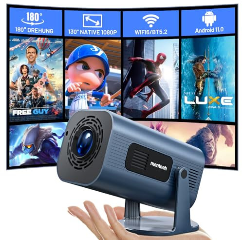 MENTECH Beamer 4K 1080P Full HD Unterstützt, Mini Projektor mit WiFi und Bluetooth, 180°Verstellbarer Standfuß Tragbarer Projektor, Unterstützung 2.4G/5G WiFi6, Android TV 11.0, Auto Keyston, Blau