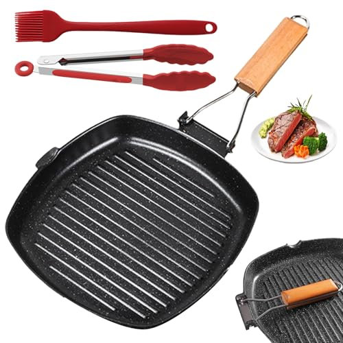PRITOK Poêle à griller ondulée en fonte pour induction avec manche en bois pliable, poêle en fonte rectangulaire antiadhésive pour tous types de feux, 24 x 24 cm