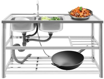 Fregadero doble de acero inoxidable – Lavabo comercial de cocina independiente – Pie de tanque, grifo y tabli – Grifo alto giratorio de 360° – para garaje, restaurante, lavandería