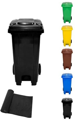 Jardin202 - Cubo de Basura 120 Litros con Pedal y Ruedas | Contenedor de Basura Robusto con PEDAL | 120 L + Bolsas (Negro)