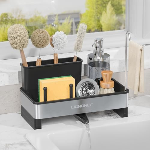 LIONONLY Spülbecken Organizer Küchen,Edelstahl Schwammhalter Küche mit Abflusspfanne, Abnehmbare Bürstenhalterung und Handtuchhalter,Sink Caddy Kitchen Organizer für Arbeitsplatte