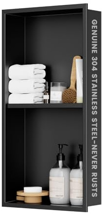 304 Stainless Steel Shower Niche Insert-Glossy Black 24 x 12 No Tile Needed Bathroom Niche for Shower Wall-Double Shelves Built in Shower Shelf-Waterproof Recessed Cabinet for Bathroom Living Room