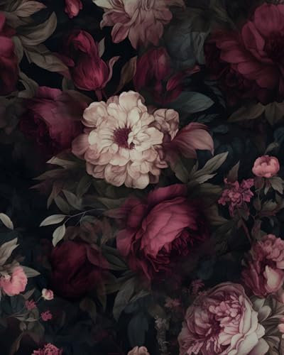 ILHIIOR Dark Floral Wallpaper,Boho Peel and Stick Wallpape,Leaf Contact Paper, Gothic Floral Wall Paper Removable Wallpaper Self Adhesive for Cabinet Drawers Wall Decor Renter Friendly 17.5''x118''