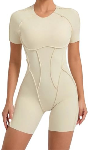 JTKSSCS Jumpsuit Damen Sport Nahtlose Yoga-Overalls, Sport, Fitness, Hüftheben, rückenfrei, kurzärmelig, Workout, Gym, Leggings, Trainingsanzüge for Frauen(Beige 3,M)