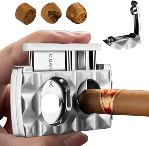 Cortador de cigarros de acero inoxidable multifuncional 4 en 1, guillotina de doble hoja para cigarros, corte recto y cortador en V con perforador, soporte para puros, regalo para hombres (plateado)