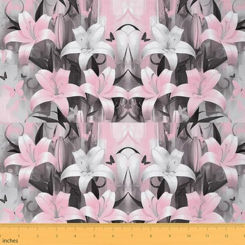 Homemissing Mädchen Lilie Blume Stoff 184x150cm für Stühle Schmetterling Blumen Polsterstoff Frauen Rosa Schwarz Einfache moderne abstrakte Kunst für Zuhause DIY Projekte Stoff Meterware