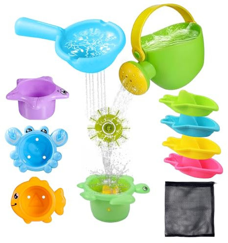 KBIBCK Baby Bath Toys for 1 2 3 Year Olds Toddler,11 PCS Water Play Swimming Pool Toys,No Mould Baby Bath Toys with Storage bag,Mould Free Colorful Stackable Boats and Spoons Shower Toys for Boys Girl